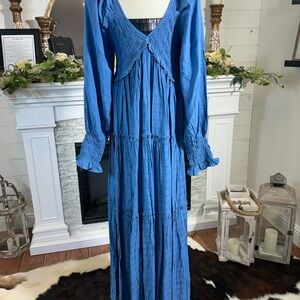 Women’s Boho Style Blue Long Sleeve Maxi Dress